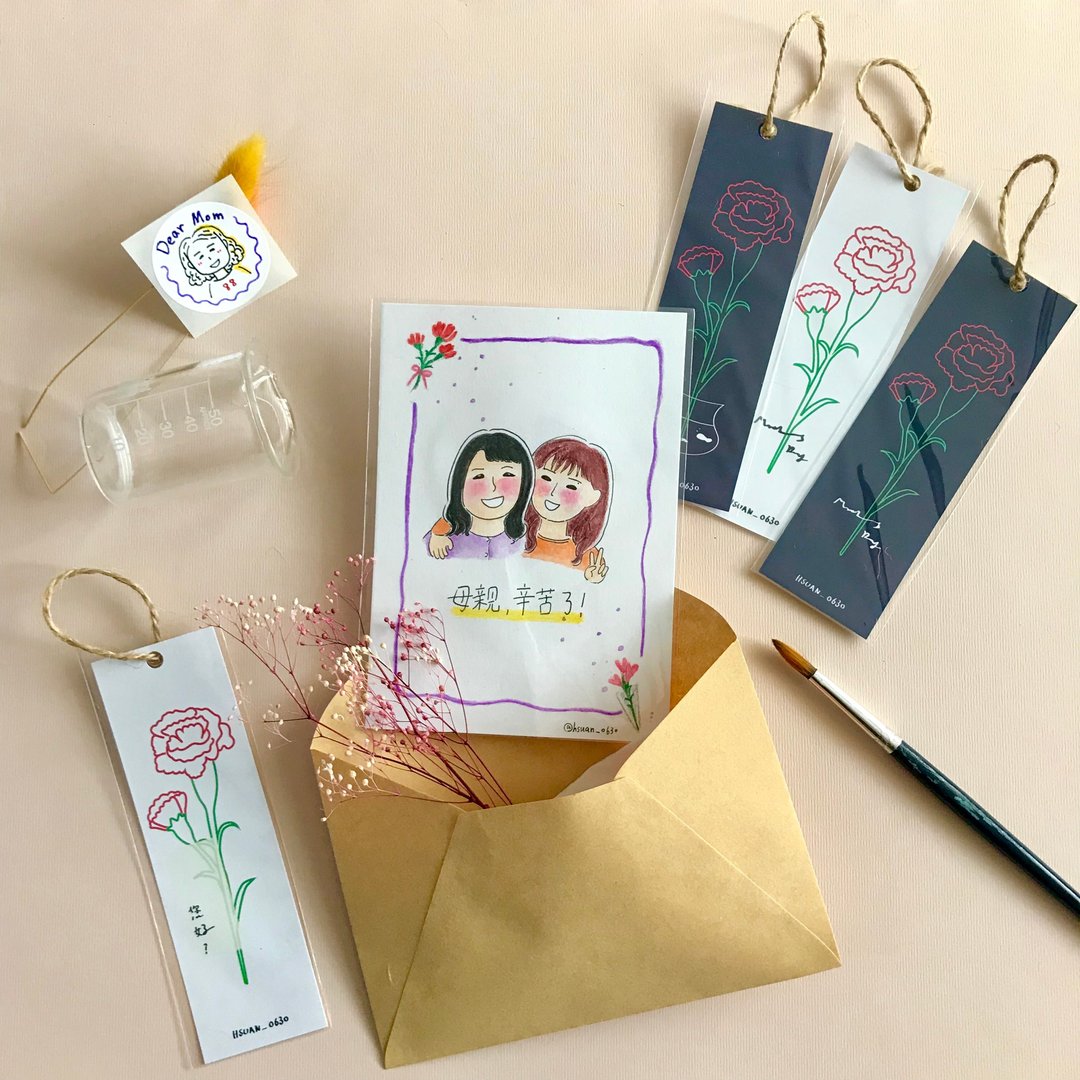 母亲节人像画(上下角花花) 组合餐 似颜绘/定制贴纸/书签 - 卡片/明信片 - 纸 