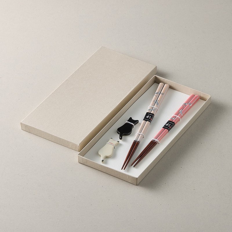日本川上-猫咪筷箸置礼盒组(4件式) - 筷子/筷架 - 木头 粉红色