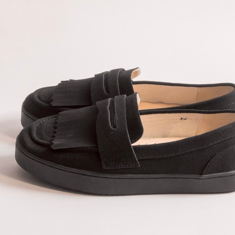 眨眨迷人睫毛【厚底新升级】Loafer 乐福鞋 流苏 2way - 女款休闲鞋 - 棉．麻 黑色
