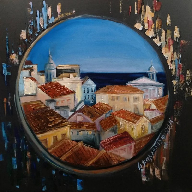 里斯本屋顶上的世界之窗。城市景观。黑色拉伸棉帆布上的原创油 - 墙贴/壁贴 - 其他材质 黑色