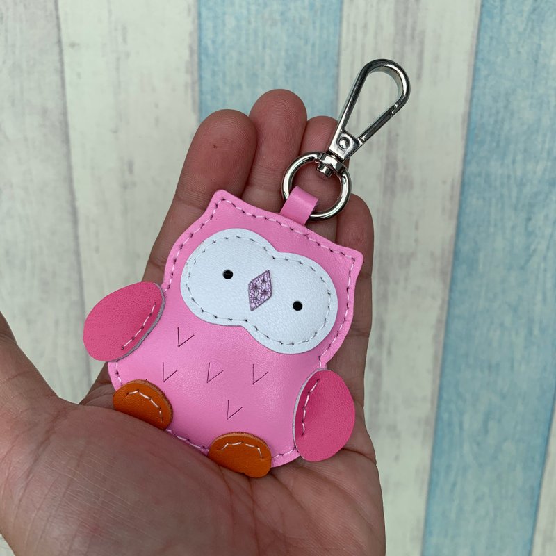 疗愈小物 粉红色 可爱 猫头鹰 纯手工缝制 钥匙扣 小尺寸 - 钥匙链/钥匙包 - 真皮 粉红色