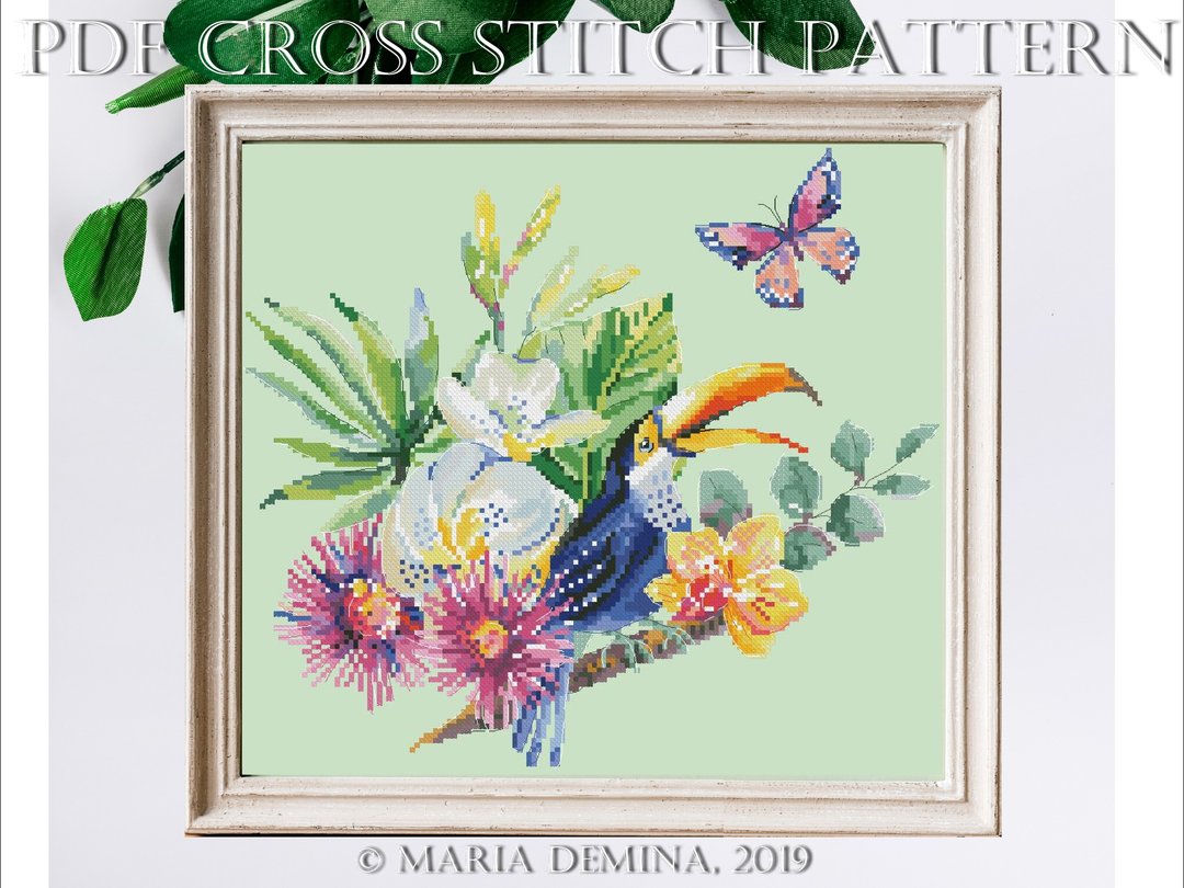 Toucan, Flowers And Butterfly PDF cross stitch pattern / instant download - 手工艺教程/工具书 - 其他材质 