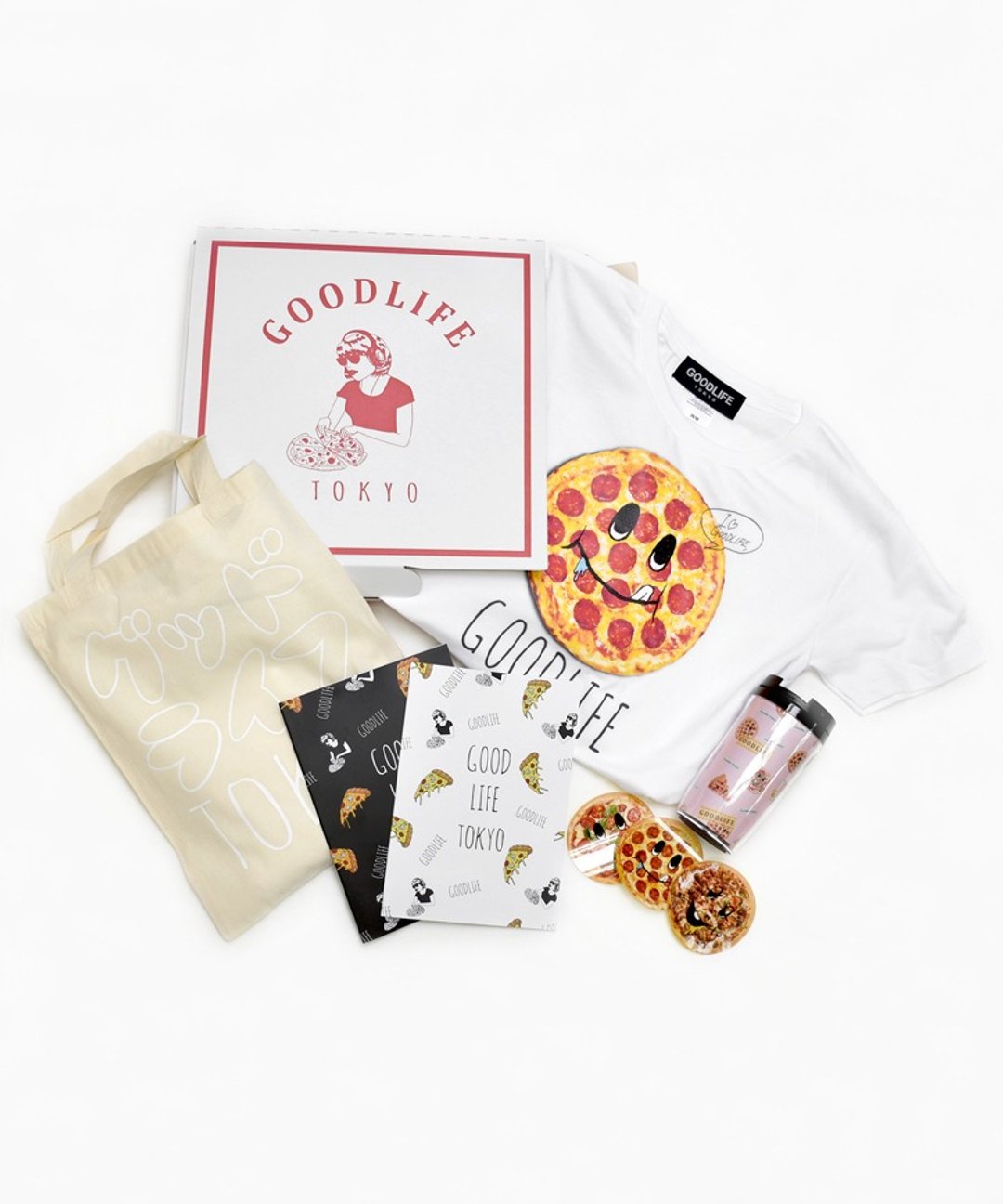 GOODLIFE TOKYO 'PIZZA BOX' 5 Piece Set - 女装 T 恤 - 棉 白色