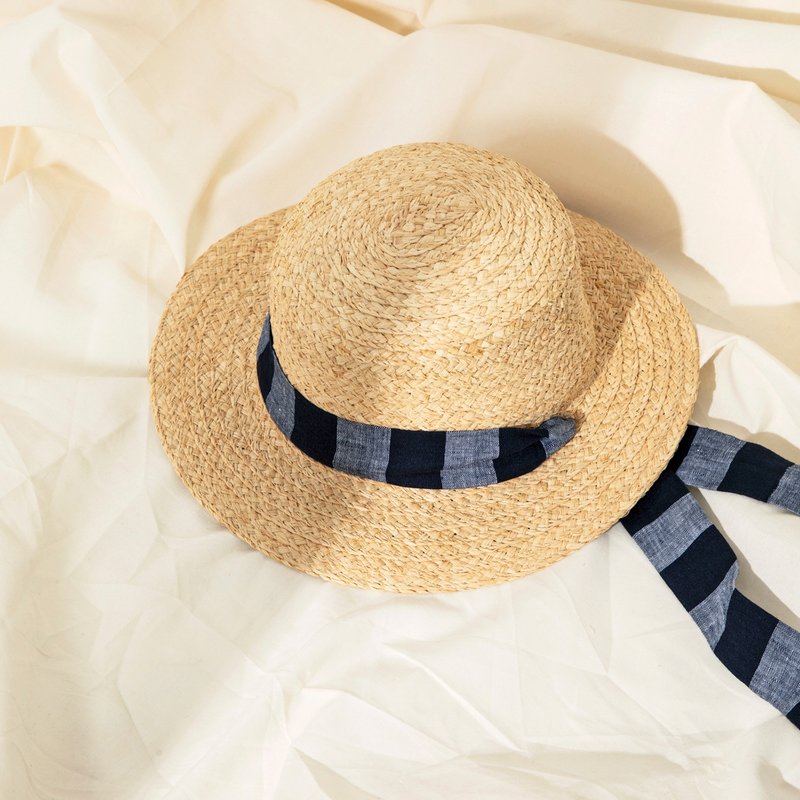 潜_海埔新生地条纹长带拉菲草帽 - 帽子 - 其他材质 卡其色