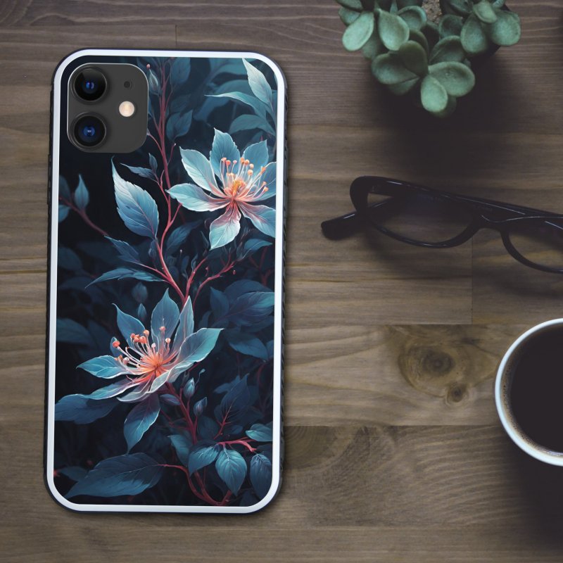 靛蓝色透明花朵的梦幻植物手机壳【强化玻璃处理】适用于 iPhone16 - 手机壳/手机套 - 塑料 多色