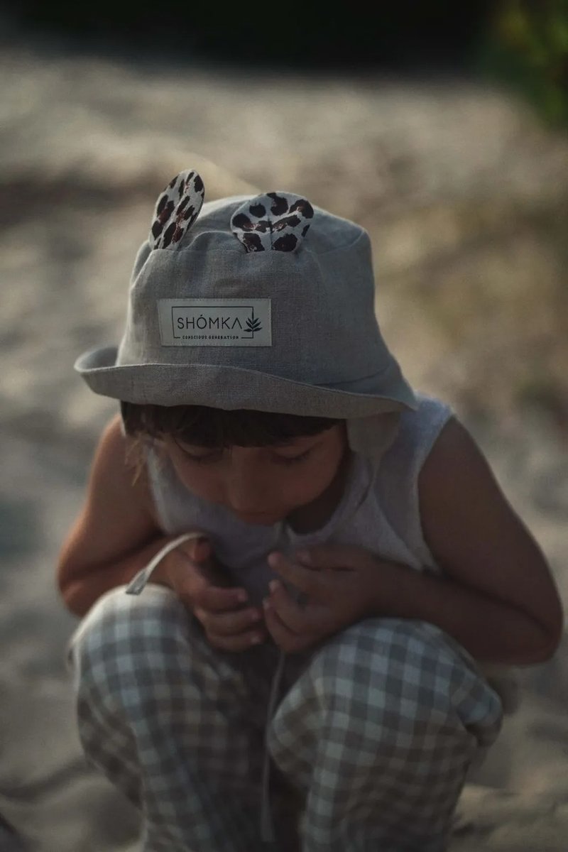 豹纹小熊渔夫帽 - 童装上衣 - 亚麻 卡其色