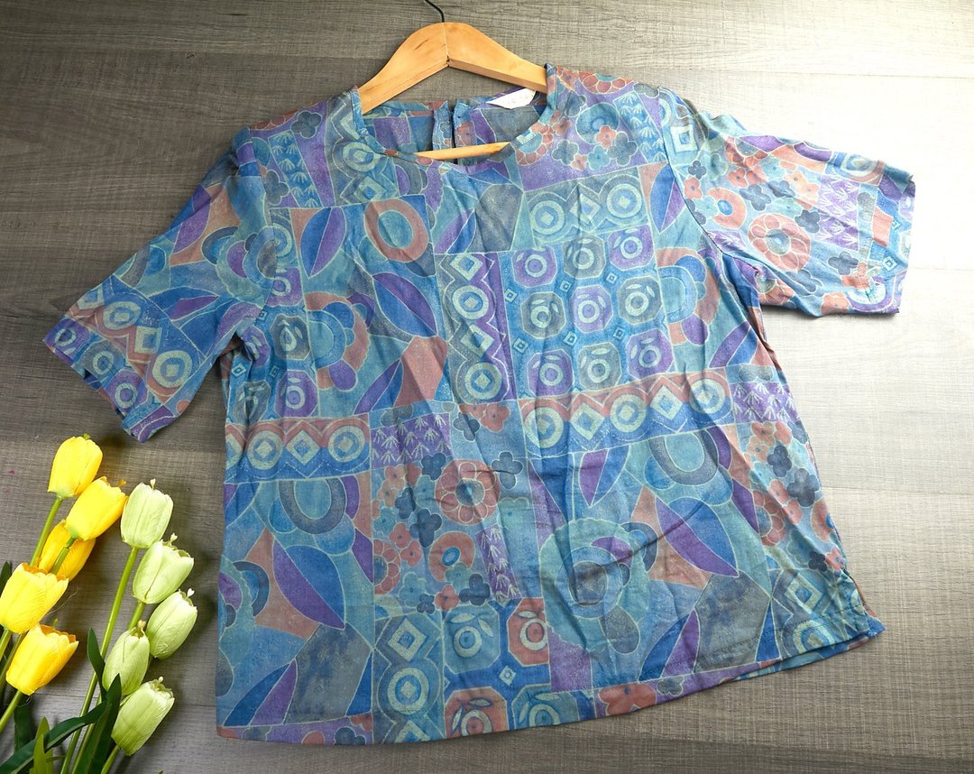 复古图案印花女式上衣| 女士复古服装| 复古衬衫 | 短袖衬衫 - 女装衬衫 - 其他材质 蓝色