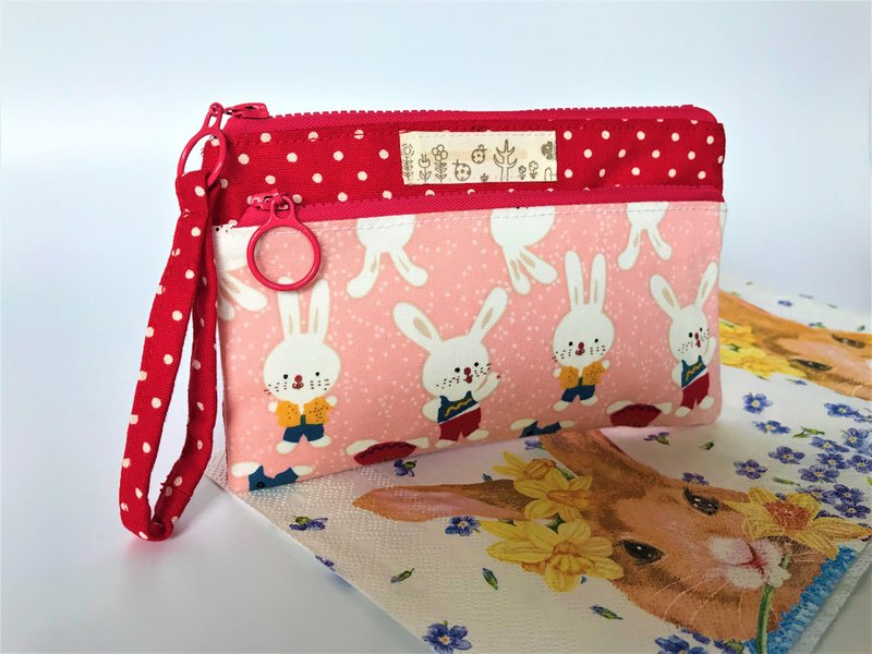 粉红兔 双拉錬 多功能袋 钱包 手机袋 - 手拿包 - 棉．麻 