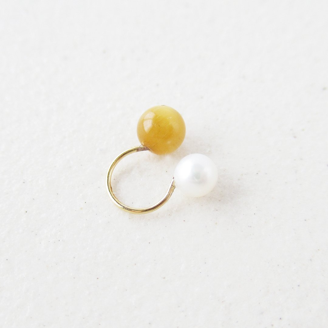 3WAY 金色虎眼石与淡水珍珠耳扣、耳骨夹 - 耳环/耳夹 - 石头 橘色