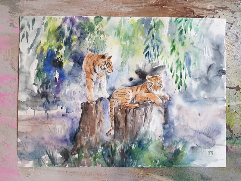 Landscape with tigers artwork hand painted Watercolor painting on paper - 墙贴/壁贴 - 其他材质 