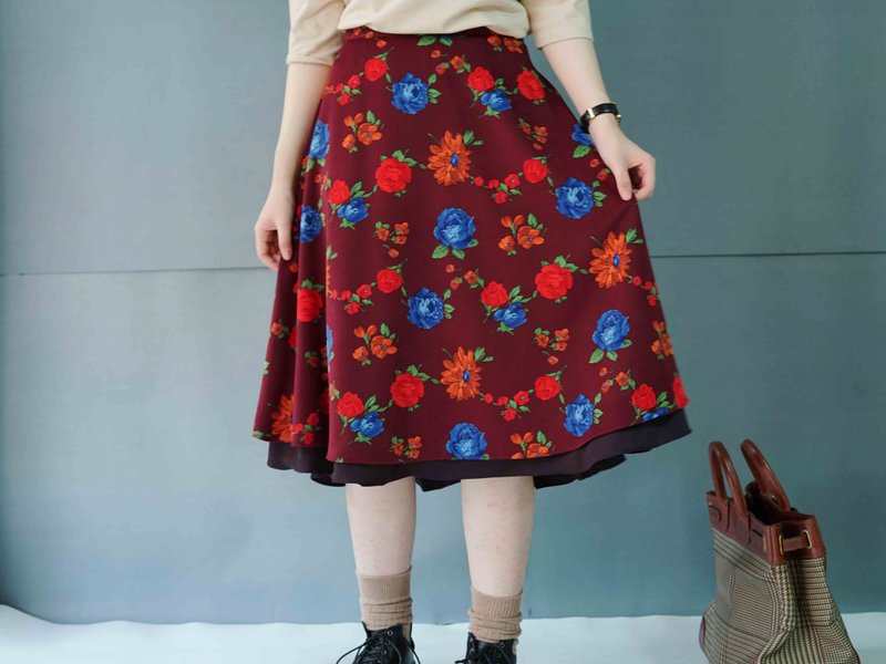 设计手作-复古花卉酒红色多层次圆裙 - 裙子 - 聚酯纤维 红色