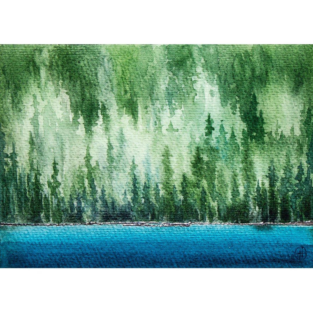 Forest Lake Original Art Pine Trees Watercolor Painting Abstract Landscape Art - 海报/装饰画/版画 - 纸 绿色