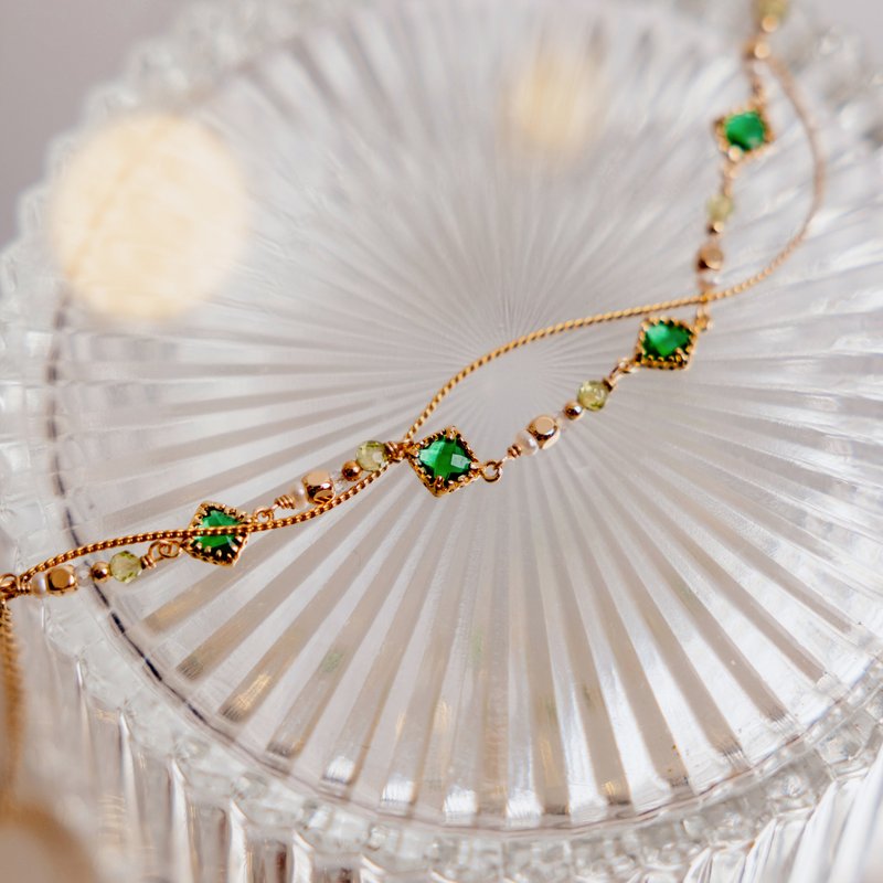 财运 x 橄榄石 珍珠 拉长石 琉璃【星夜里的人 • 极光】手链 - 手链/手环 - 宝石 绿色