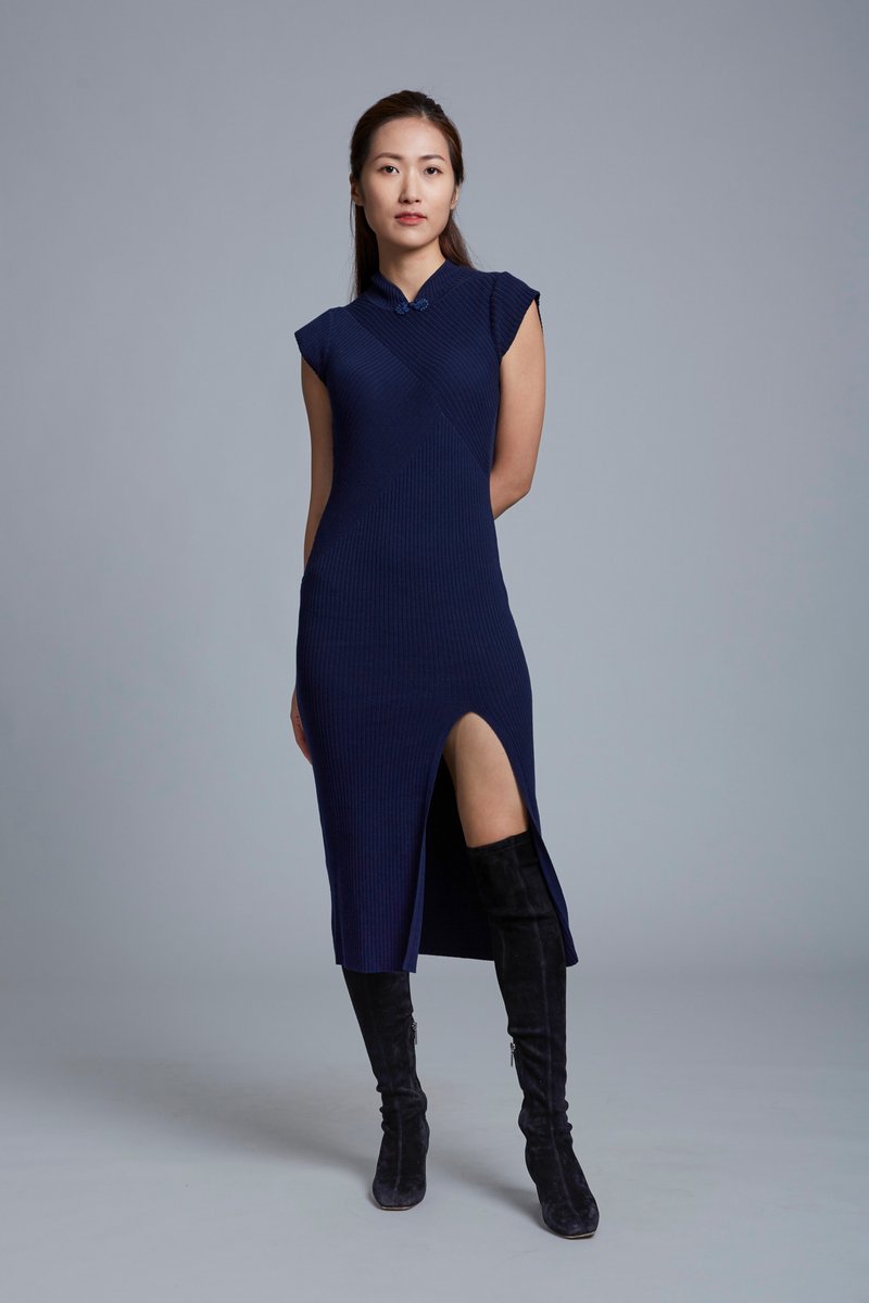 针织旗袍裙 (蓝色) - 旗袍 - 聚酯纤维 蓝色