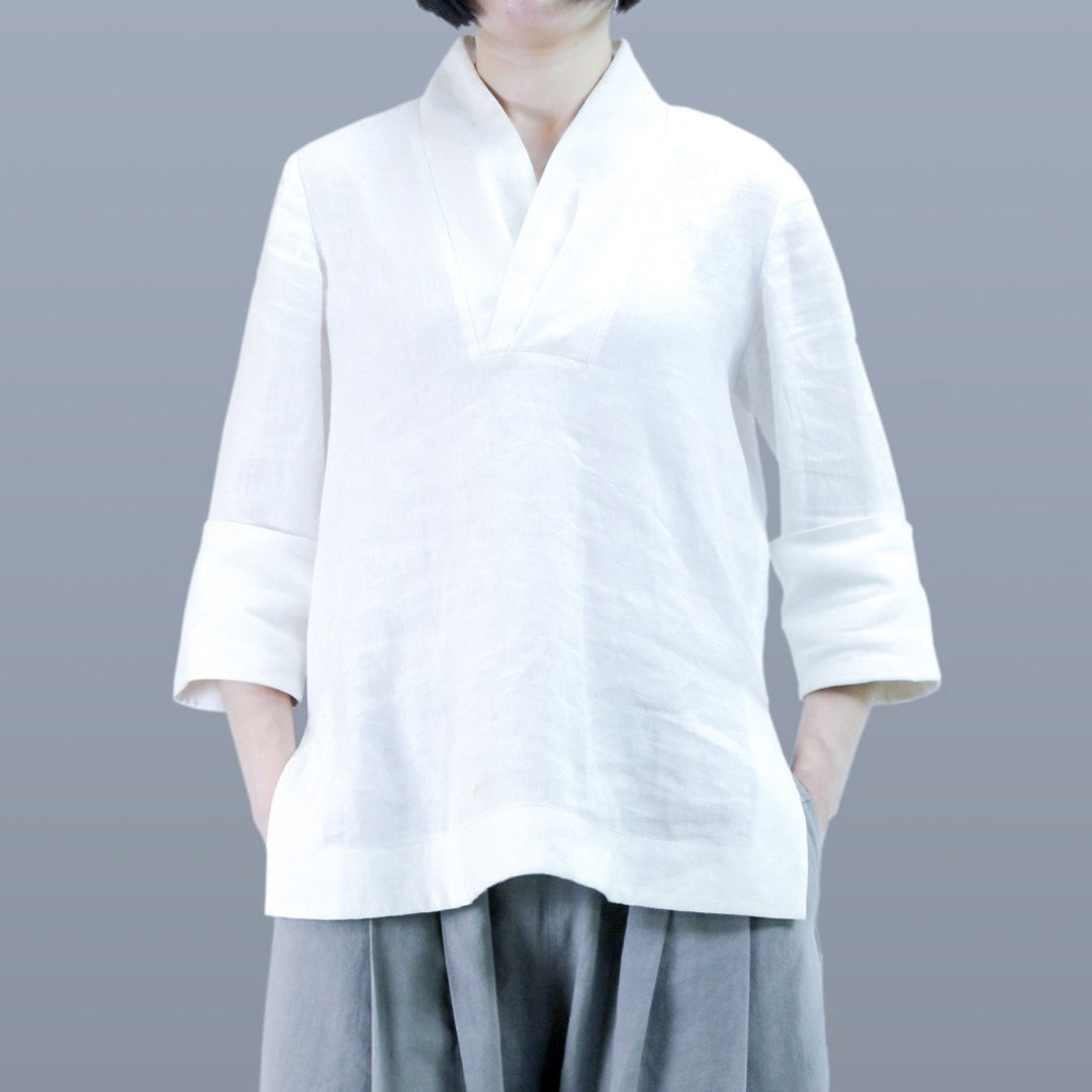 领巾衫 亚麻 | 白色 - 女装上衣 - 棉 白色