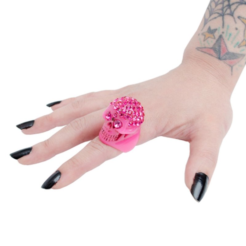 水钻骷髅戒指/粉红/尺寸 S/尺寸 M/尺寸 L/hellcatpunks/rdspk - 戒指 - 塑料 粉红色
