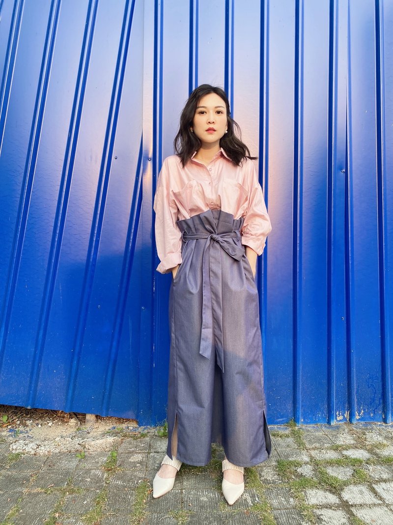 cocorose 撞色衬衫洋装 樱花粉 - 洋装/连衣裙 - 棉．麻 