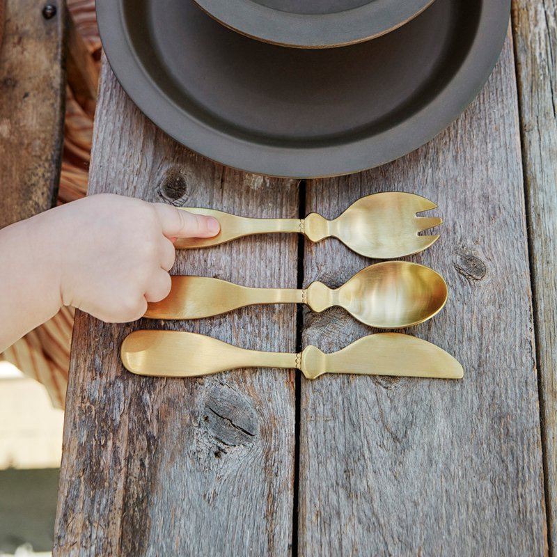 金色儿童餐具三件组 Children's Cutlery Set - Gold - 儿童餐具/餐盘 - 不锈钢 金色