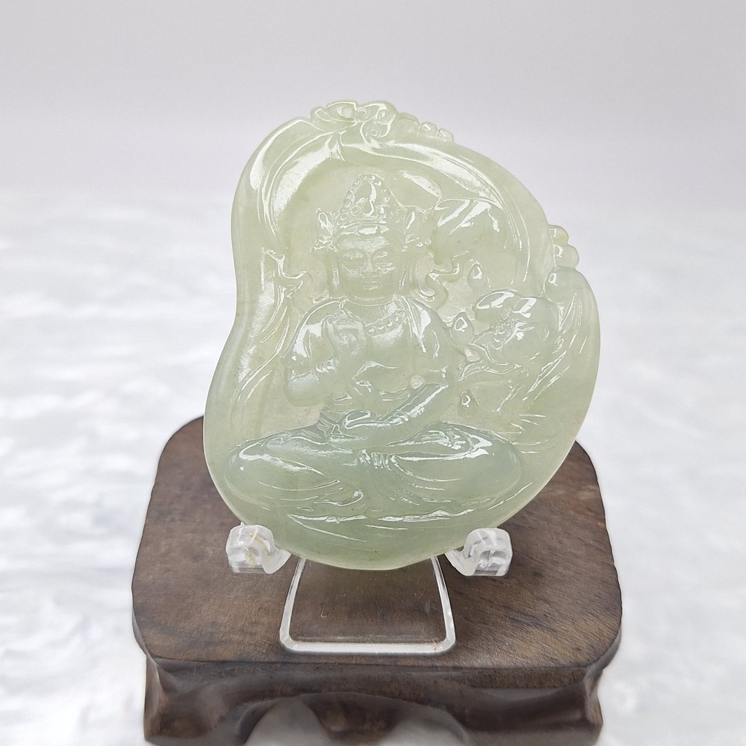 老种冰胶料手工雕刻莲花观音吊坠 |天然缅甸玉A货翡翠 - 项链 - 玉石 