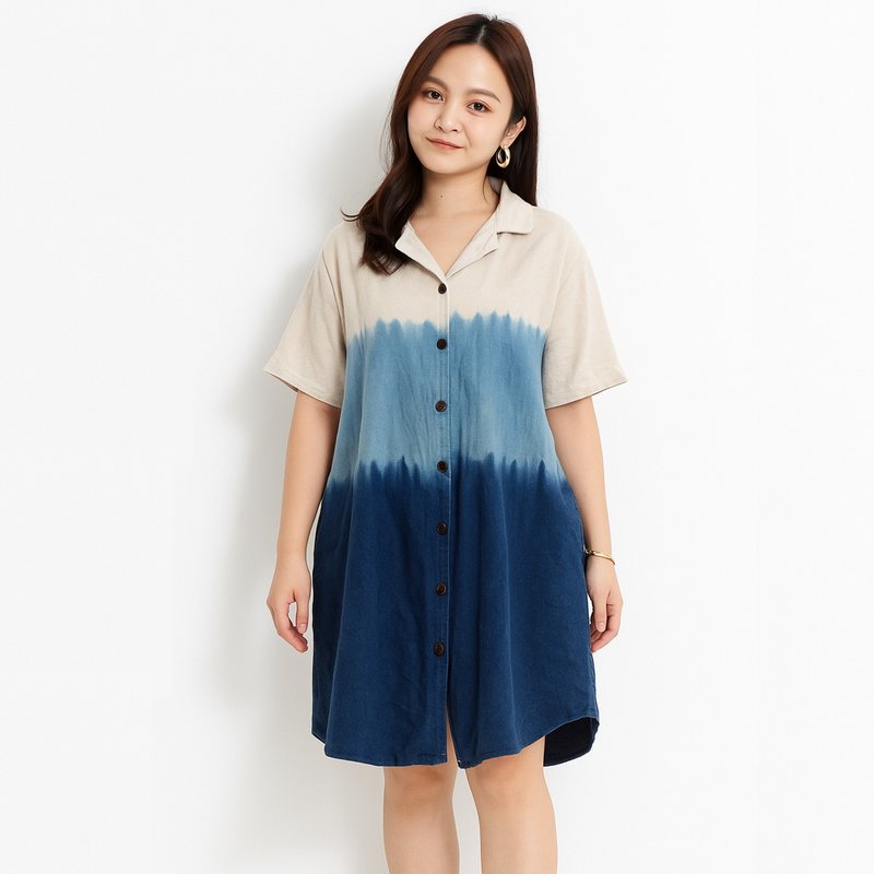 Indigo Bow - 短袖夏威夷领扎染连身裙 - 洋装/连衣裙 - 棉．麻 蓝色