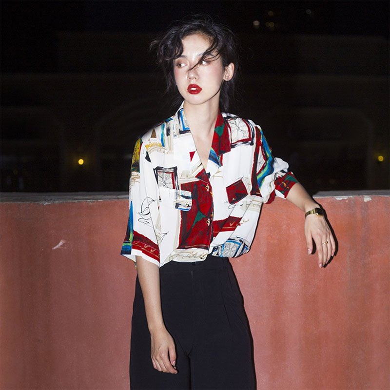 ziziFei港风复古巴洛克印花衬衫女 宽松长短袖西装领油画花衬衣 - 女装衬衫 - 聚酯纤维 红色