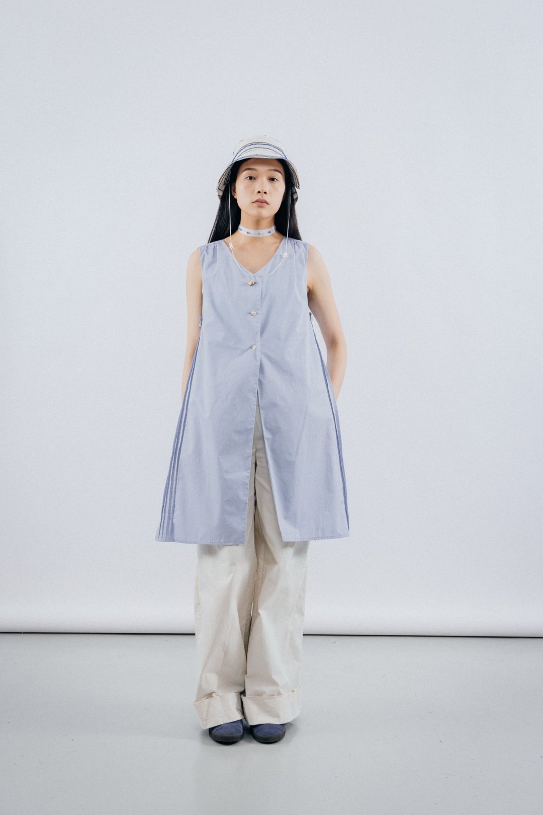 分叉两着连身裙 Blue Two Side Top Dress - 裙子 - 棉 蓝色