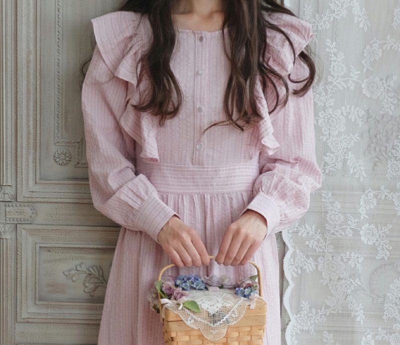 【手工制作】复古 爱德华风条纹长袖洋装/连衣裙 - 洋装/连衣裙 - 其他材质 粉红色