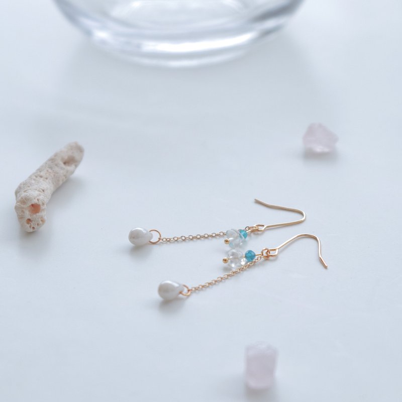 天然石14k金垂坠耳环-梦中/耳针/夹式/可定制 - 耳环/耳夹 - 水晶 蓝色