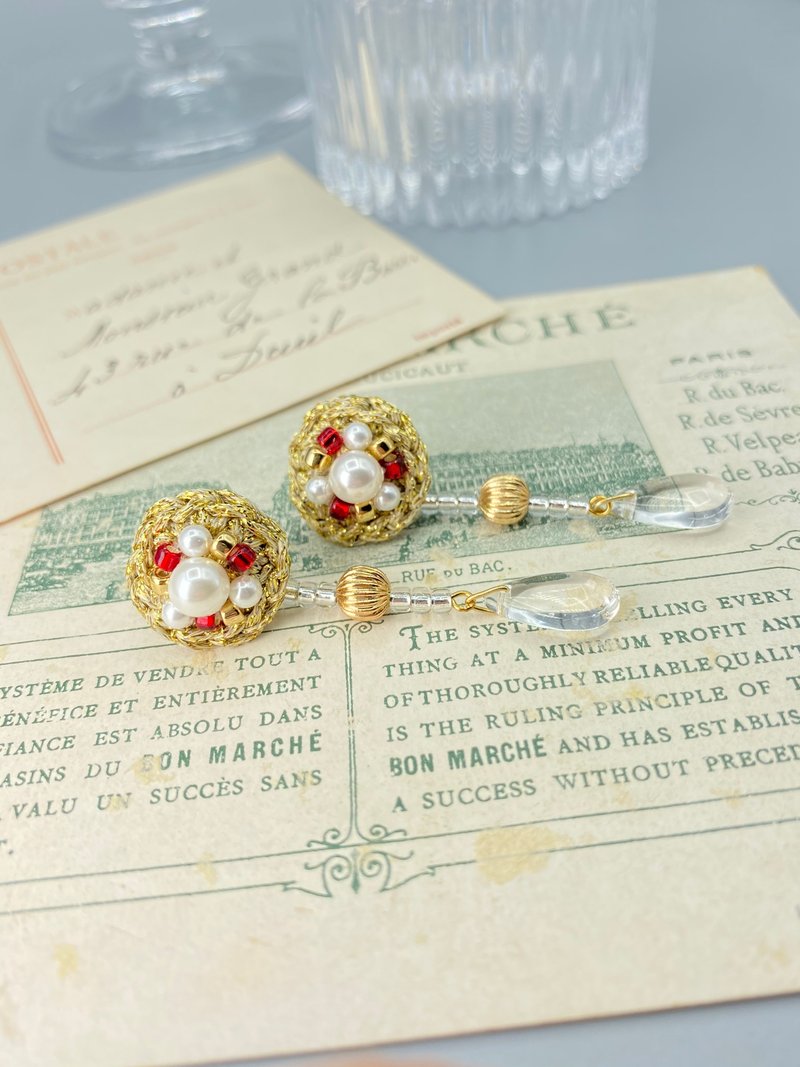 鈎织钉珠耳环 水滴 钉珠 新娘 复古 旗袍 - 耳环/耳夹 - 其他材质 金色