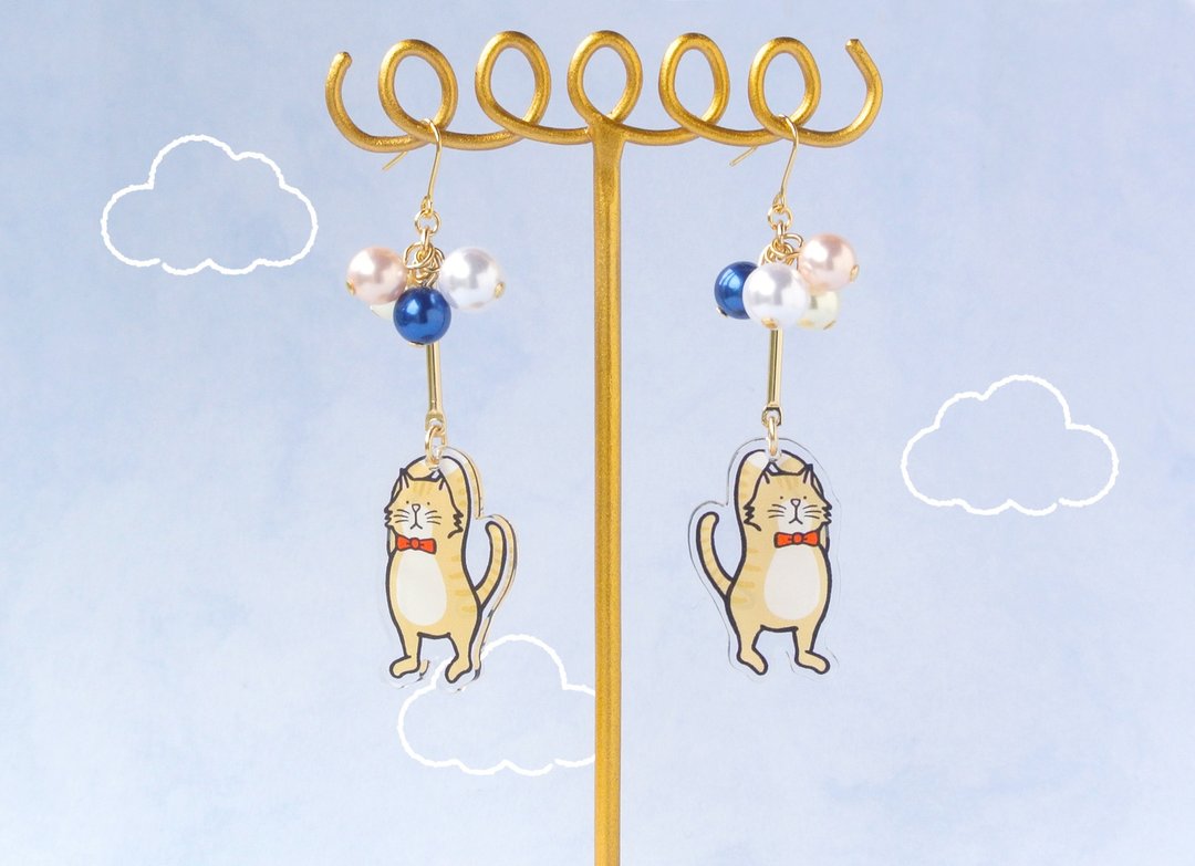 Cat flying by balloon - 耳环/耳夹 - 压克力 