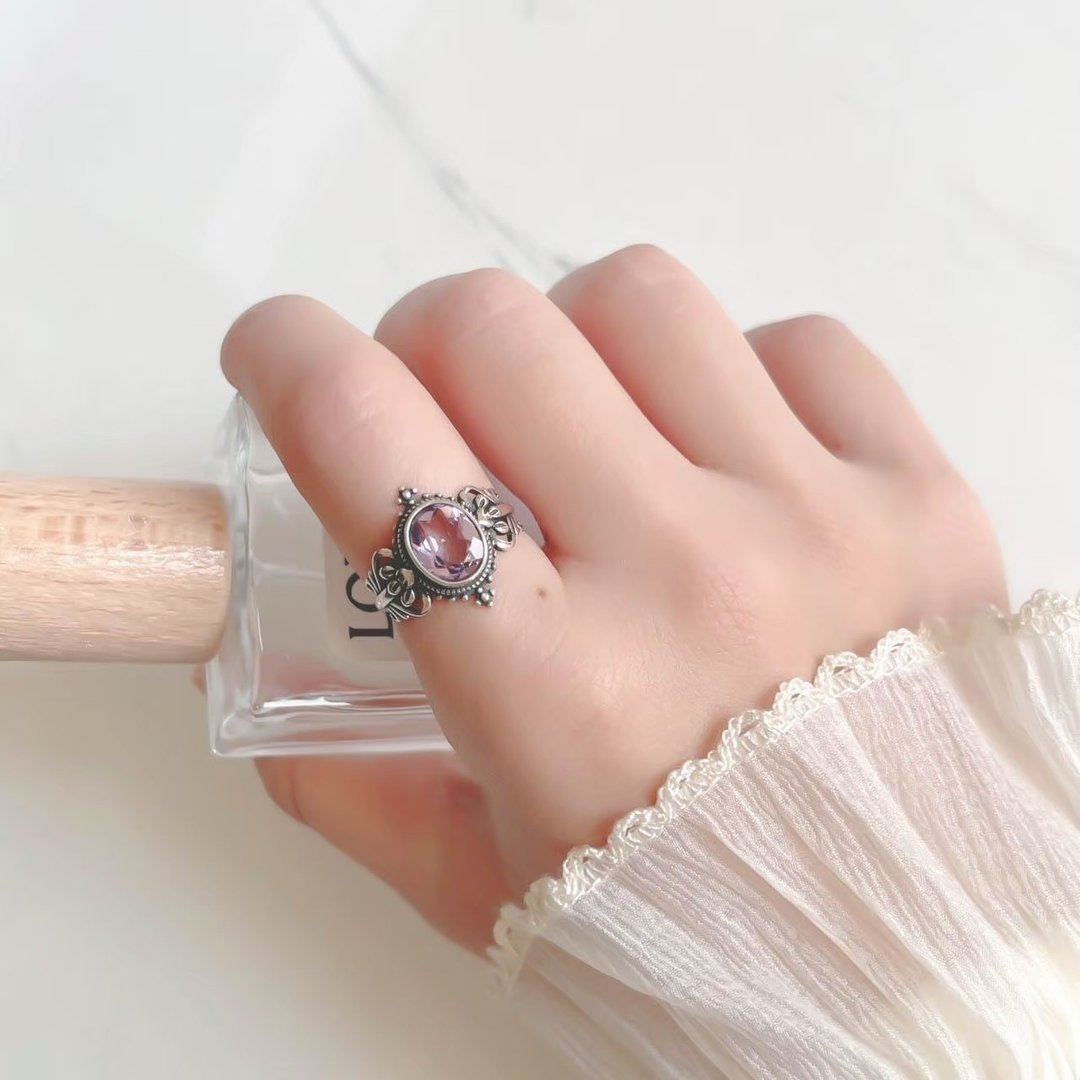 紫水晶925纯银尼泊尔复古华丽戒指 可调式戒指 - 戒指 - 水晶 银色