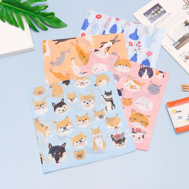 京都手帕-洛花-猫咪/柴犬/兔子/ 一轮插 - 手帕/方巾 - 棉．麻 