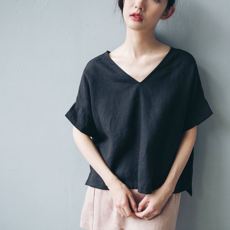V领宽袖上衣 - 黑 - 女装上衣 - 棉．麻 黑色