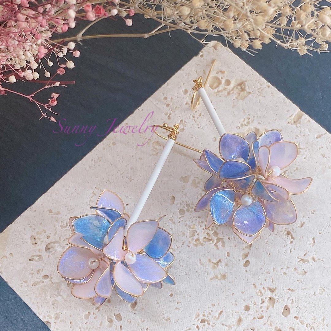 Sunny Jewelry UV树脂花 绣球花耳环-紫粉双色款 - 耳环/耳夹 - 其他材质 紫色