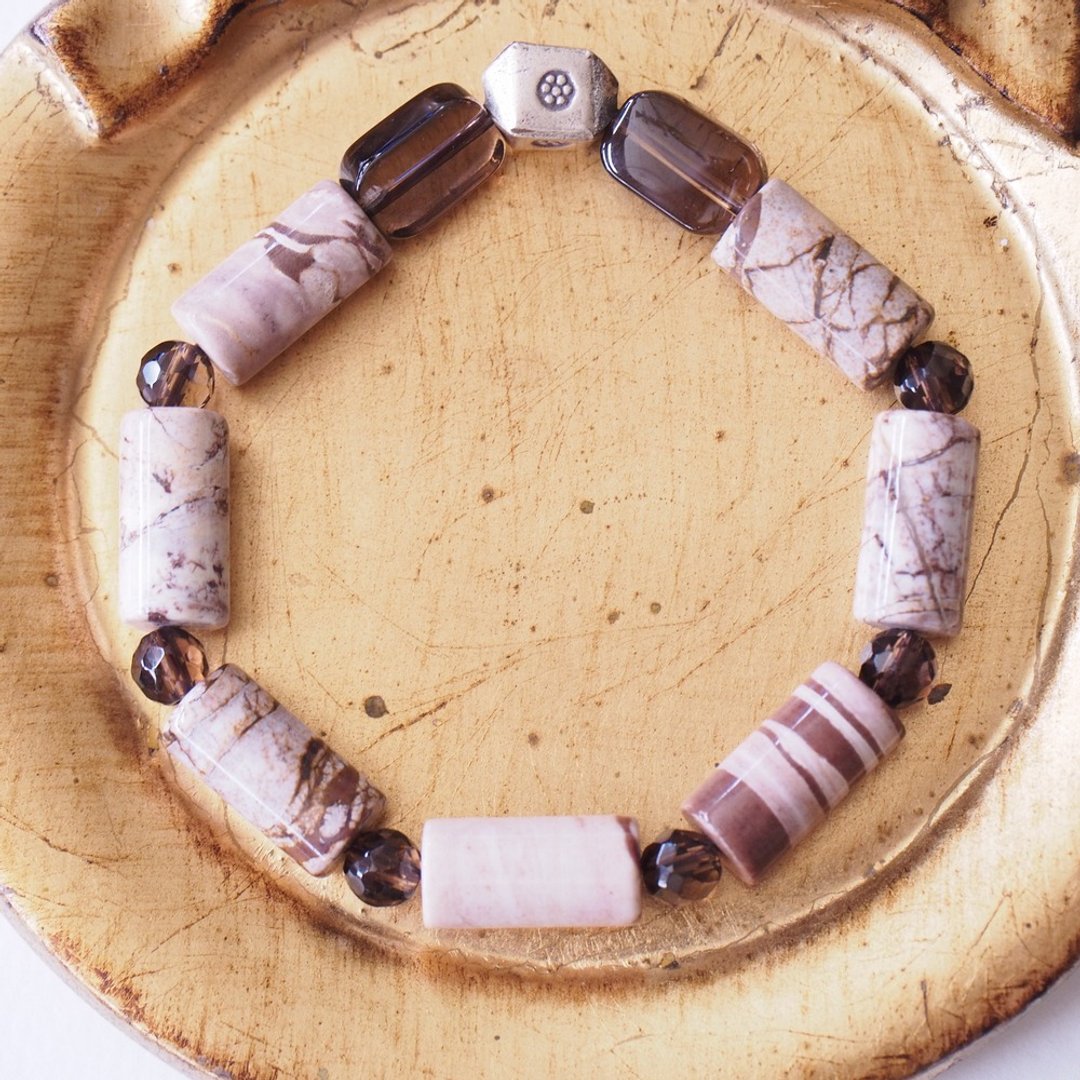 斑马石 茶水晶 纯银 手环 Zebra Stone SmokyQuartz Bracelet - 手链/手环 - 水晶 咖啡色