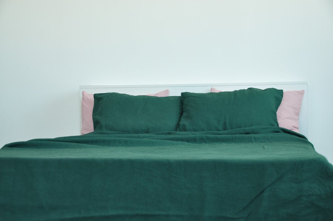 Forest green linen flat sheet/Linen bedsheet/Softened stonewashed linen sheet - 寝具 - 亚麻 绿色