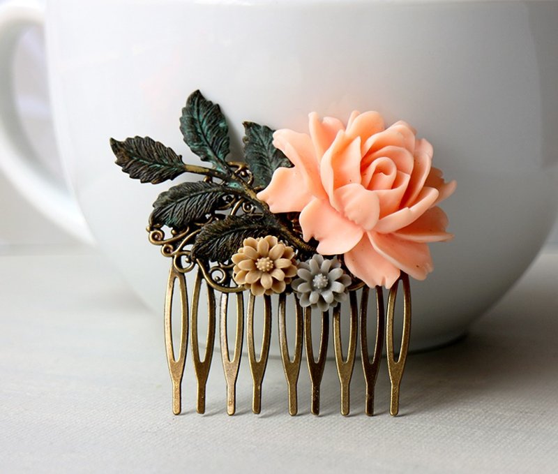 桃色玫瑰花复古发梳发饰 - 发饰 - 其他金属 橘色