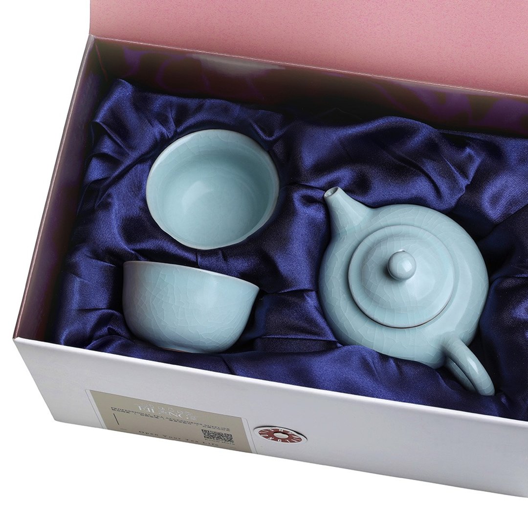 青瓷汝窑(提香壶+2品香杯)3入礼盒 - 茶具/茶杯 - 陶 蓝色