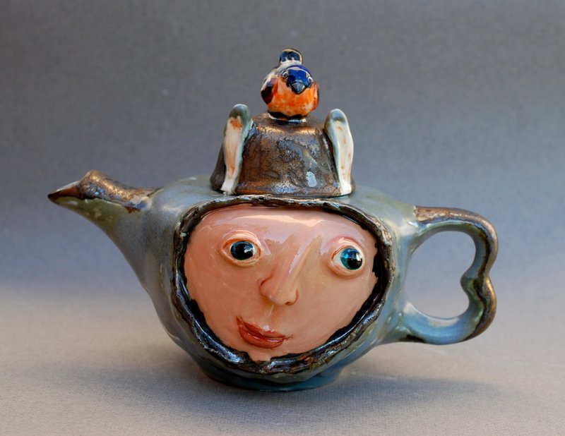 Face teapot Strange creature goblin Ceramic sculpture Kind monster Bird Art tea - 茶具/茶杯 - 陶 多色