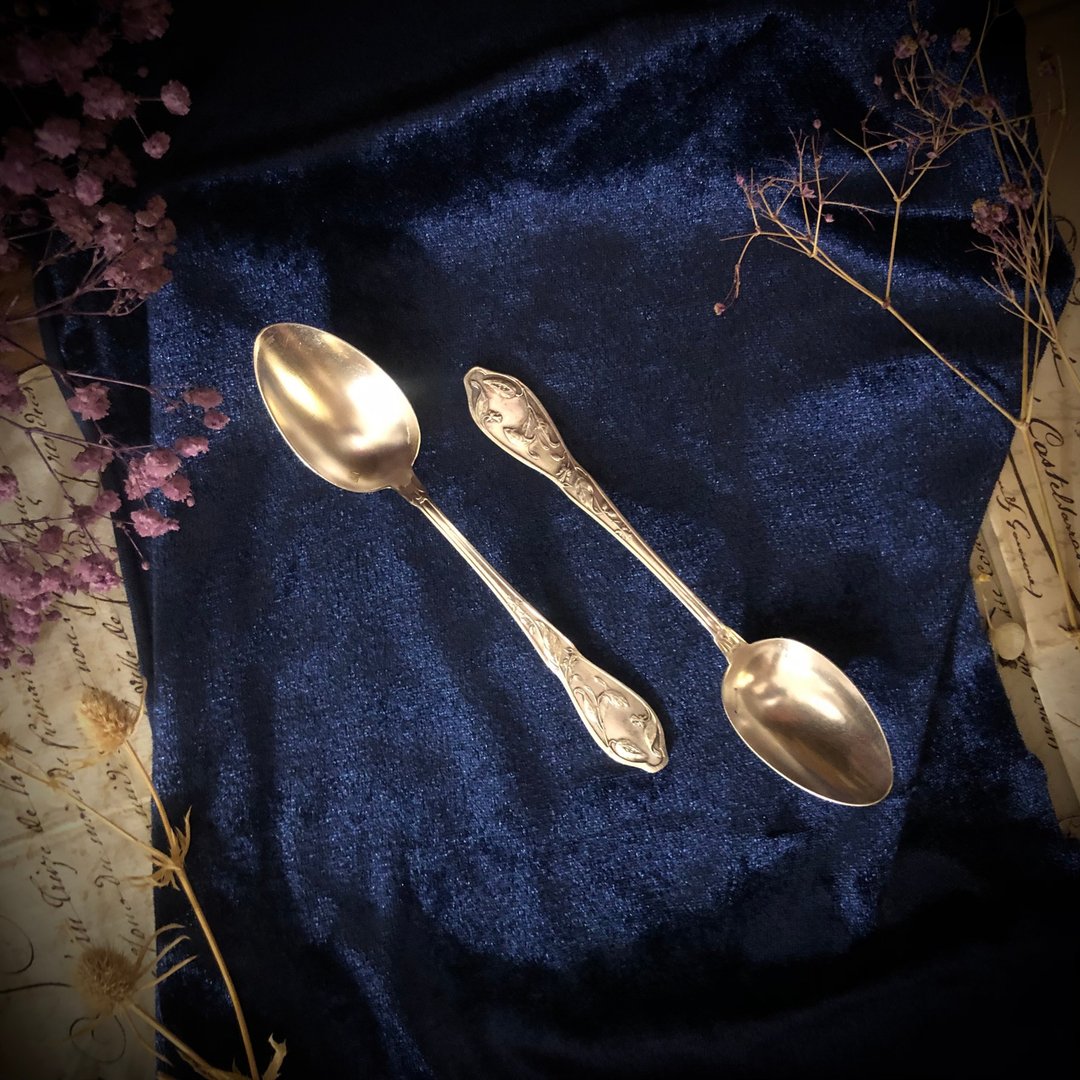 法国Boulenger新艺术时期镀银浮雕花卉甜品匙一对合售 - 餐刀/叉/匙组合 - 银 银色