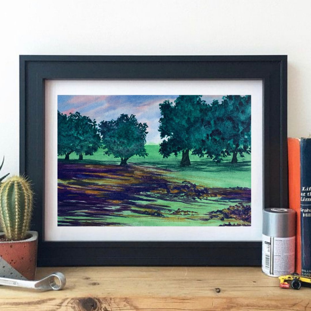 Original Watercolor Landscape Trees Painting Flowers Field Landscape Sky Artwork - 墙贴/壁贴 - 纸 多色