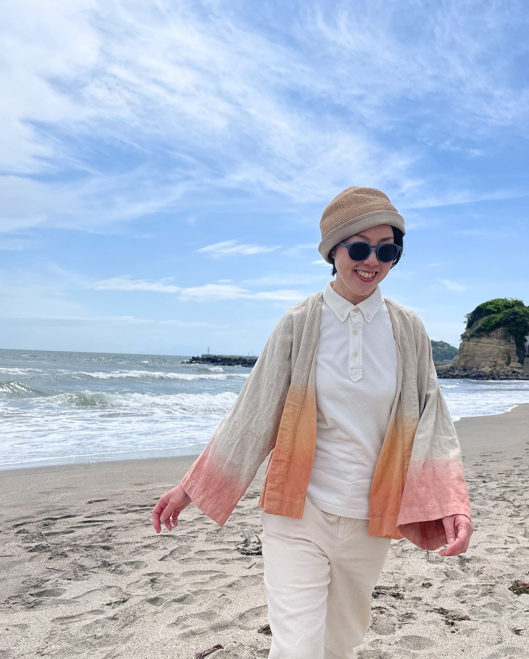 Made in Japan Hand-dyed Tropical Haori Cardigan mud-dyed cotton Linen mud-dyed haori cardigan earth color Relax Dyed - 女装上衣 - 棉．麻 橘色