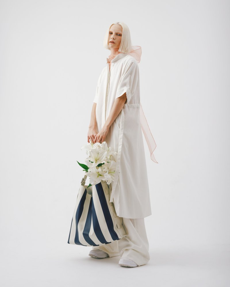 UUIN_小立领五分袖绑带洋装 - 洋装/连衣裙 - 棉．麻 白色