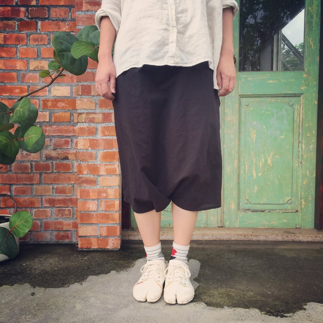 手工自然棉麻材质 日式富士型口袋裤 黑色 - 女装长裤 - 棉 黑色