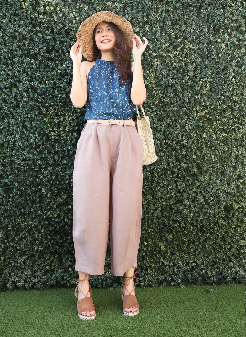 天然亚麻料松紧长裤 裤尾褶线设计 - 粉褐色 - 女装长裤 - 亚麻 粉红色