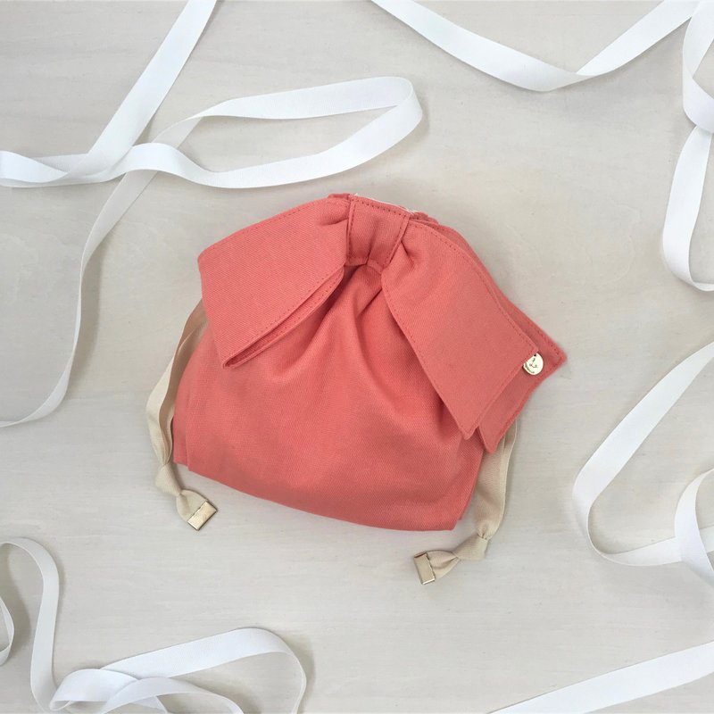 NEW Linen Twill Asymmetric Ribbon Drawstring Pouch Orange - 化妆包/杂物包 - 棉 橘色