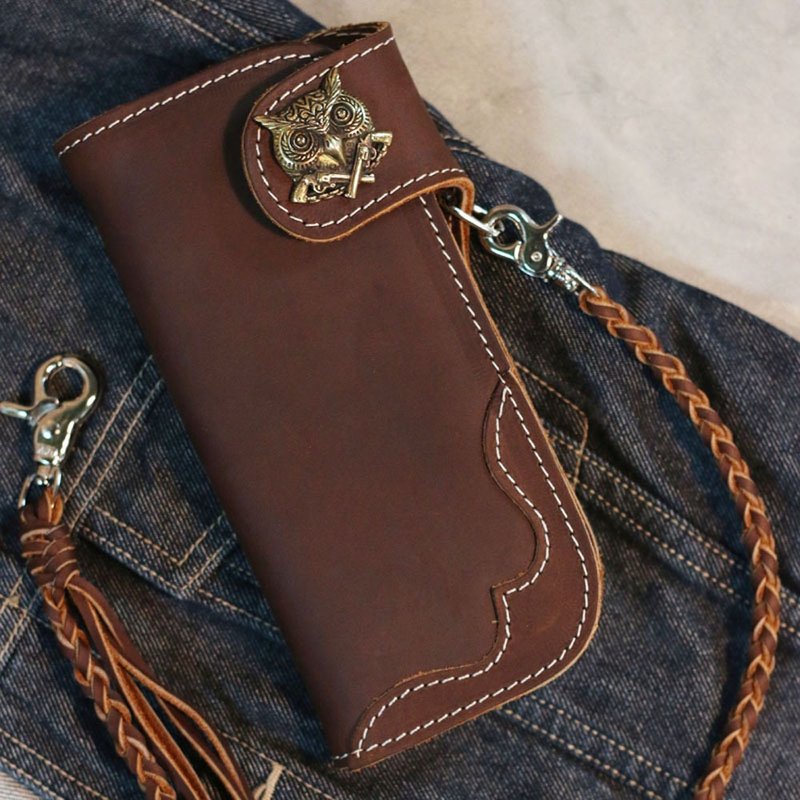 长钱包 链 黄铜 真皮棕色 猫头鹰 - 皮夹/钱包 - 真皮 咖啡色