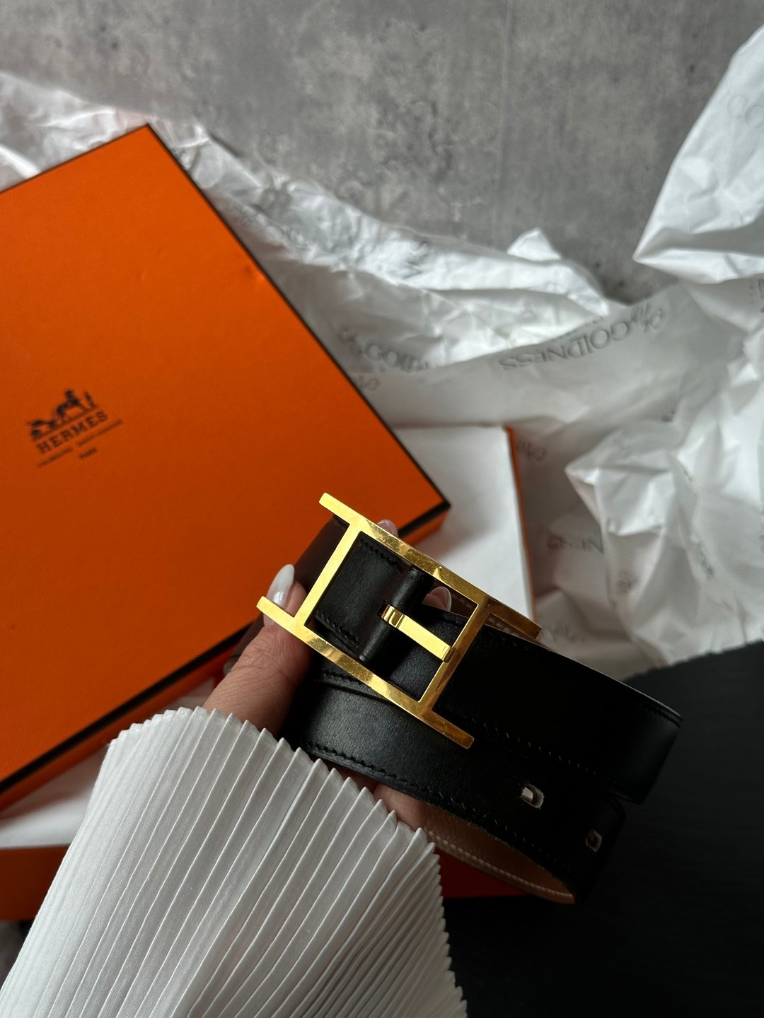 中古品 Hermes 爱马仕 Vintage 金扣皮带 - 皮带/腰带 - 真皮 黑色