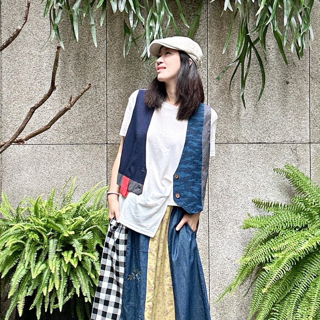 蓝牛仔 - 和风双扣拼接背心 # U3014 - 女装背心 - 棉．麻 蓝色