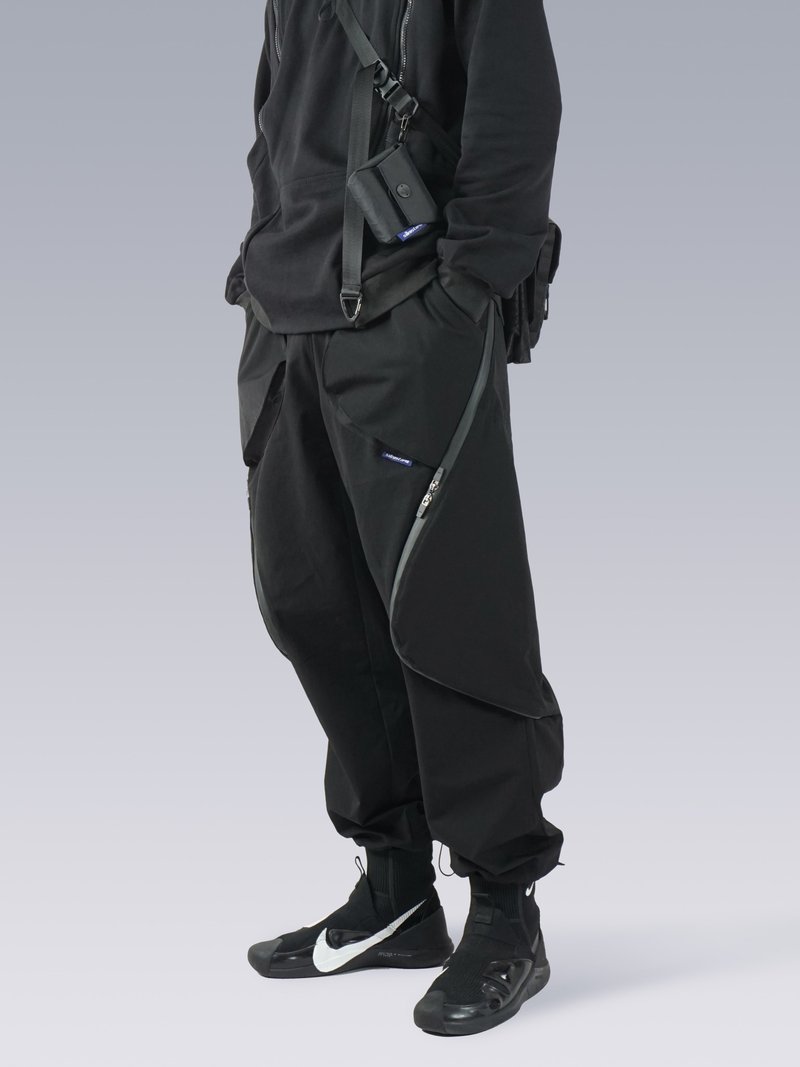 弧形机能工装裤 男直筒廓形长裤 拉链高街vibe休闲裤子 - 男士长裤 - 聚酯纤维 黑色